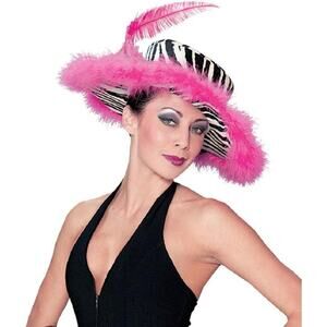Zebra Print Pink Hat Adult Halloween Costume Fur Feather Pimp Accessory Party